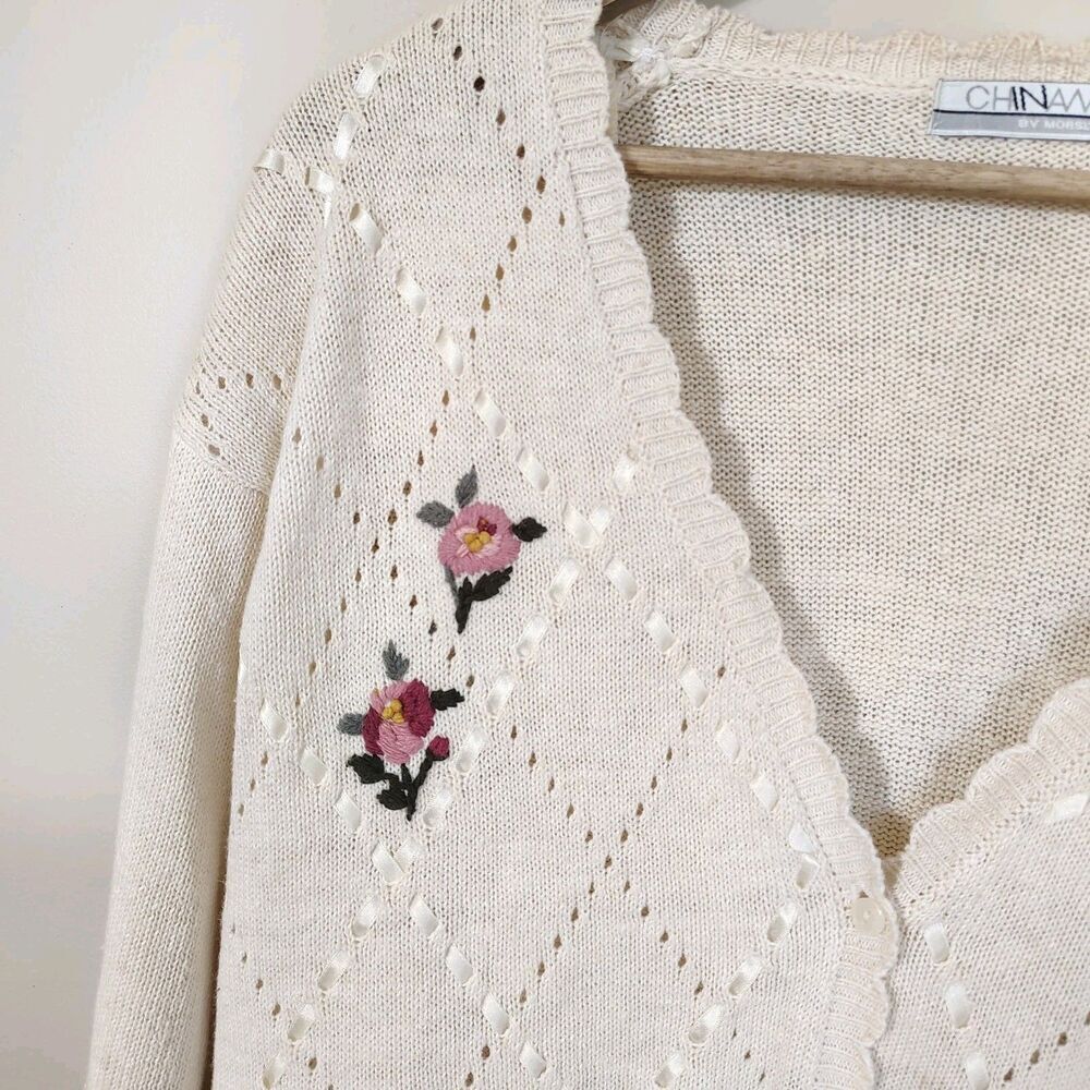 Vintage Womens Romantic Floral Embroidered Cardigan Size L Knit Coquette - Picture 2 of 9
